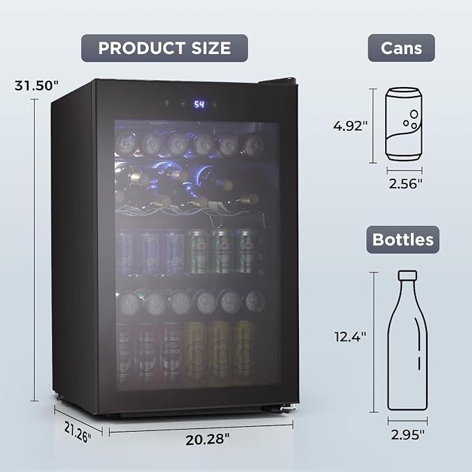 COWSAR Beverage Refrigerator 145 Can Wine Cooler Freestanding Mini Fridge Small with Digital Temperature Control, Glass Door, and Child Lock, Quiet Drink Refrigerator for Home, Bar– 4.5 Cu. Ft.