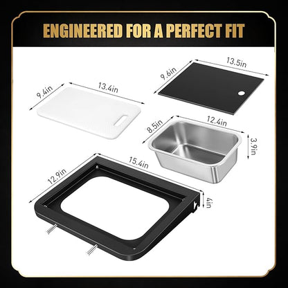 QuliMetal Grill Side Table for Weber Searwood 600 and 600XL, Foldable BBQ Prep Shelf with Cutting Board, Stainless Steel Basin, Lid and 2 Hooks, Side Shelf Grill Accessory