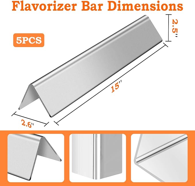 GasSaf L15.3 Flavorizer Bar Replacement for Weber 7636, Spirit 300 310 320 E310 E320 Series,Weber 46510001, 47513101 Gas Grill Front Controls (L15.3 x W2.6X T2.5inch)(5-Pack)