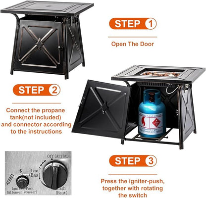 OutVue 28 inch Propane Fire Pit Table,Gas Fire Pits Table for Outside,50000 BTU Propane Firepit with Lid &Lava Rocks,Gas Firepit for Garden,Yard (Black)