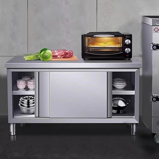 Stainless Steel Commercial Worktable w/Sliding Doors for Prep & Work 47" x 20" Commercial Kitchen Prep Table Heavy Duty Workbench w/Cabinet for Home Restaurant Hotel and Garage