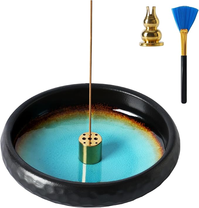 6 Inch Incense Holder with Ash Catcher,Ceramic Handmade Crack Blue Glaze | Incense Burner Bowl,9-Hole Design for Sticks,Cones,Coils Sage,Palo Santo - Perfect for Meditation,Yoga & Zen Home Décor