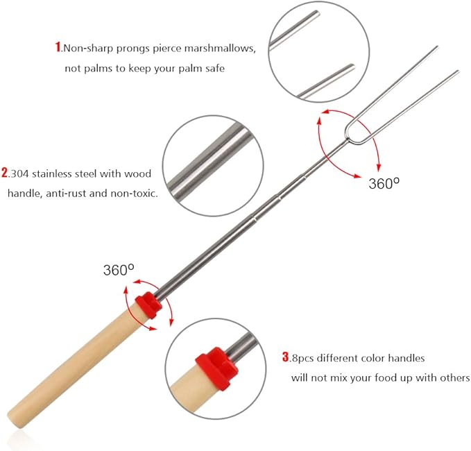 HelloPet Marshmallow Roasting Sticks, 8 Pack Telescoping and Rotating Stainless Steel U Shape Barbecue Forks Grill Sticks with 10PCS Bamboo Sticks and Zipped Storage Bag