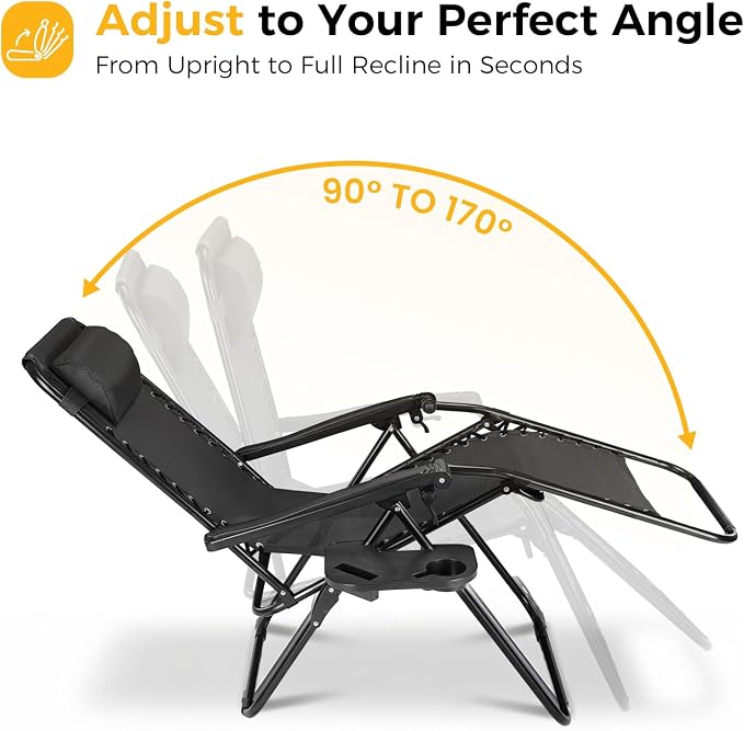 NEWBULIG Zero Gravity Chairs Set of 2, Folding Lounge Chair, Matte Black | Portable Lawn Camping Recliner with Adjustable Pollow, Mesh Back, Cup Holder Trays for Pool Beach Patio