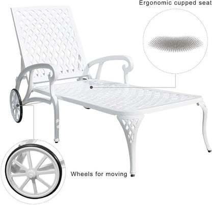 KEIKI Chaise Lounge Chair Outdoor Set of 2, Aluminium Cast Patio Chaise Lounge with Adjustable Backrest and Moveable Wheels, 3 Pieces Outside Tanning Chair, White and White (Side Table Not Included)