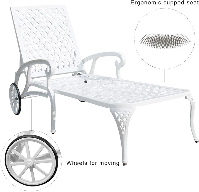 KEIKI Chaise Lounge Chair Outdoor, Aluminium Cast Patio Chaise Lounge with Adjustable Backrest and Moveable Wheels, Outside Tanning Chair, White (Side Table Not Included)