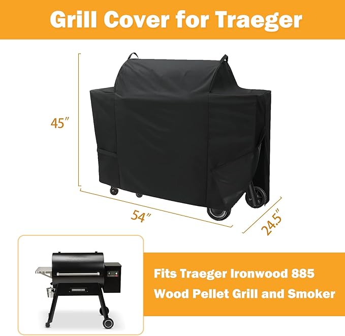 Grill Cover for Traeger Ironwood 885 Pellet Grill, Replace for Traeger BAC513 Grill Parts, Heavy Duty Fade Resistant Barbecue Cover, Outdoor BBQ Accessory