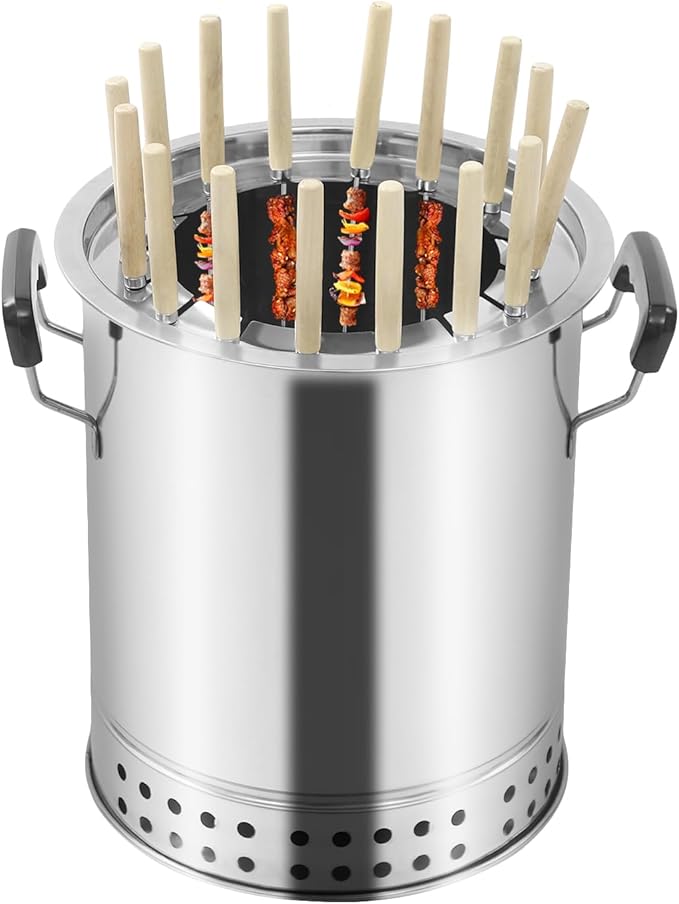 Portable Charcoal Grills, Smokeless Charcoal Barrel Grill, Stainless Steel BBQ Grill, 360 Rotation Outdoor Cooking for Camping, Picnics, Parties, Beaches (16 Skewers)