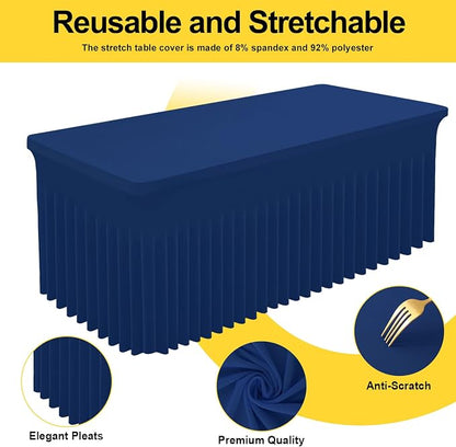 Smiry Spandex Elastic Fitted Table Cloth Skirt for 8FT Rectangle Table | Stretch Washable Table Cloth, Banquet Table Cover for Wedding, Party, Indoor & Trade Shows, (Navy, 96Lx30Wx30H)