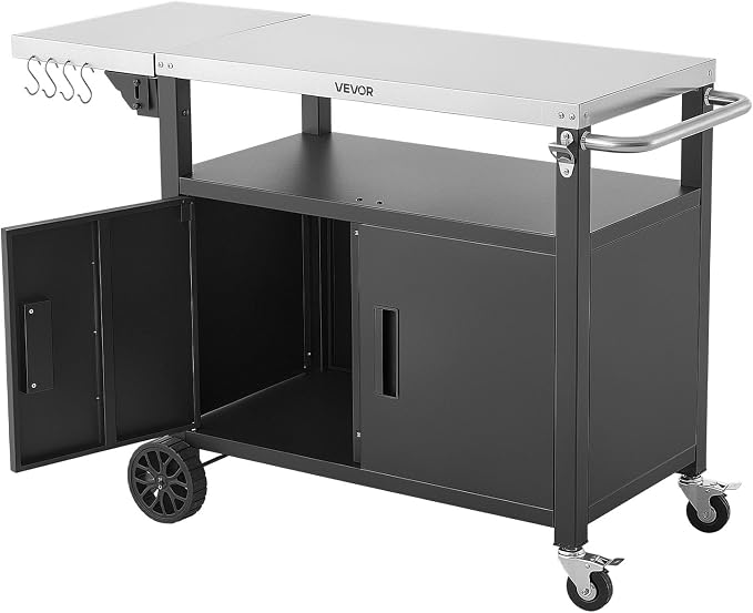 VEVOR Outdoor Grill Cart with Storage Cabinet, 48.9 Inch Grill Table, Waterproof Kitchen Island with Stainless Steel Top, Shelf, and Wheels, Movable Food Prep Station for Patio Bar Backyard BBQ
