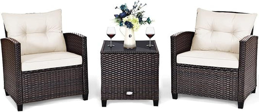 HAPPYGRILL 3 Pieces Patio Conversation Set, Outdoor Furniture Set PE Rattan Sofa Set with Removable Cushions, PE Wicker Chairs with Tempered Glass Side Table for Porch Lawn Garden Balcony Backyard