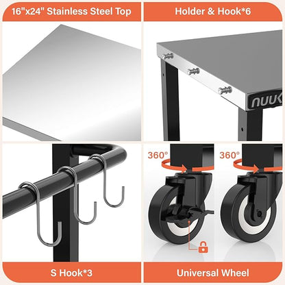 NUUK Rolling Outdoor Grill Cart with Wheel 16" x 24", Stainless Steel Table Top Pizza Oven Stand, BBQ Size Prep Table Outside Kitchen Cabinet for Garden Backyard Barbecue