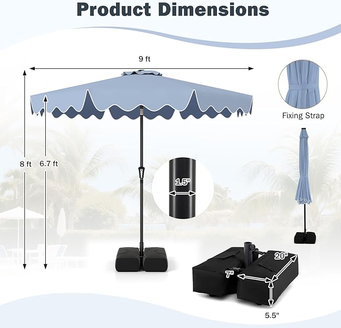 Tangkula 9 FT Patio Umbrella with Base Included, 2-Tiers Outdoor Scalloped Table Umbrella with 2 Sandbags, Tilt Adjustment, Crank, 8 Ribs for Market Backyard Pool Deck Beach Lawn