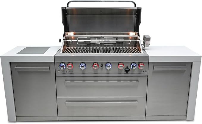Mont Alpi MAi805-D 44-inch 6 Burner Stainless Steel Deluxe Modular Outdoor Kitchen Island BBQ Grill with Storage + Side Burner + Granite Countertops & Sides + Rotisserie, Chopping Board & Grill Cover