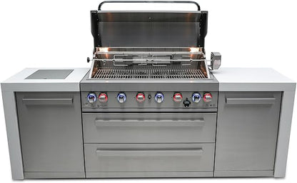 Mont Alpi MAi805-D 44-inch 6 Burner Stainless Steel Deluxe Modular Outdoor Kitchen Island BBQ Grill with Storage + Side Burner + Granite Countertops & Sides + Rotisserie, Chopping Board & Grill Cover
