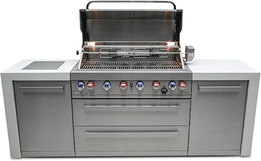 Mont Alpi MAi805-D 44-inch 6 Burner Stainless Steel Deluxe Modular Outdoor Kitchen Island BBQ Grill with Storage + Side Burner + Granite Countertops & Sides + Rotisserie, Chopping Board & Grill Cover