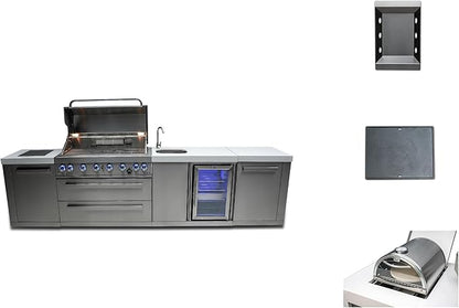 Mont Alpi Premium 132"W Stainless Steel Outdoor Kitchen Island with 44"W 6-Burner BBQ Gas Grill + Beverage Center Faucet & Sink + Refrigerator + Side Burner Pizza Oven + Charcoal Tray + Griddle Plate