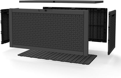 Pepe Tee Outdoor Deck Box, Lockable Waterproof Resin Storage Container with Wood-Look Design, 30 Gallon, Black (black, 101, Gallons)