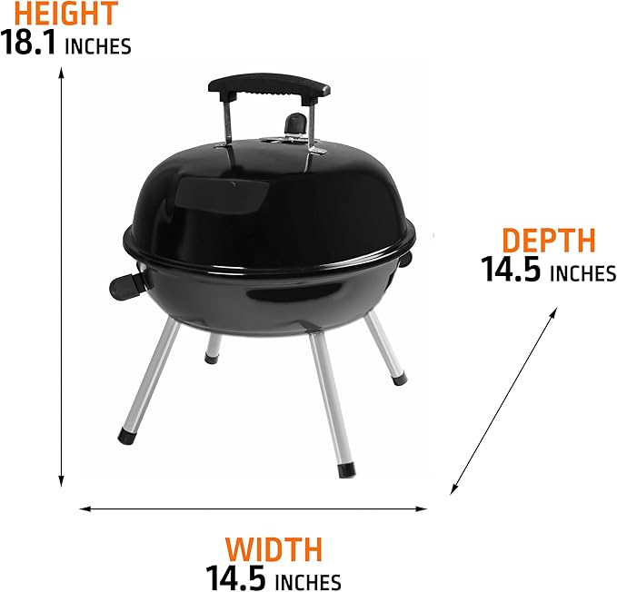 compact portable charcoal grill, outdoor picnic charcoal barbecue, small charcoal grill for camping，14.5-inch，black