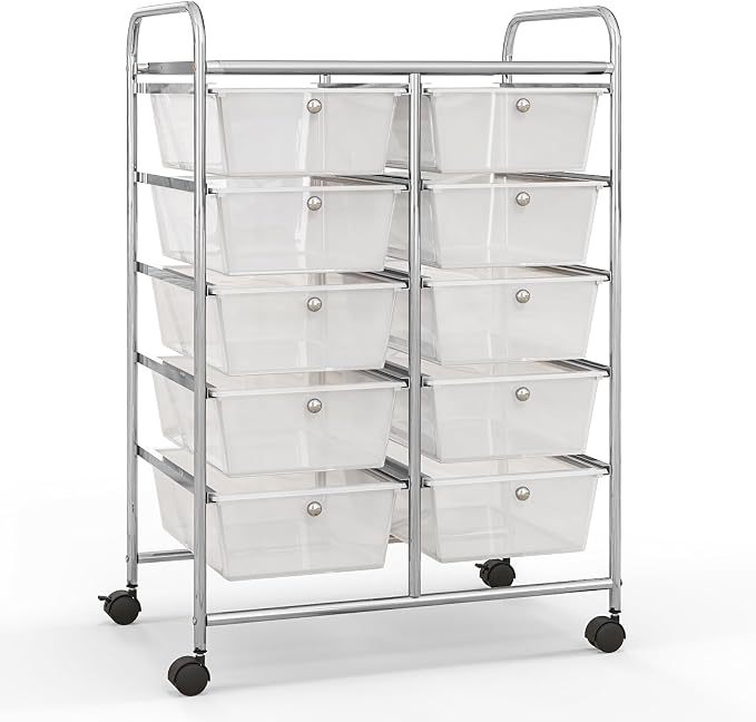 HOMGX Rolling Cart with 10 Drawers, 10 Tiers Multicolor Trolley, Drawer Bin Carts with 2 Lockable Wheels, Adjustable File & Debris Organizer Cart, Rolling Storage Cart for Office, School, Home
