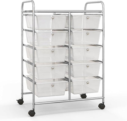 HOMGX Rolling Cart with 10 Drawers, 10 Tiers Multicolor Trolley, Drawer Bin Carts with 2 Lockable Wheels, Adjustable File & Debris Organizer Cart, Rolling Storage Cart for Office, School, Home