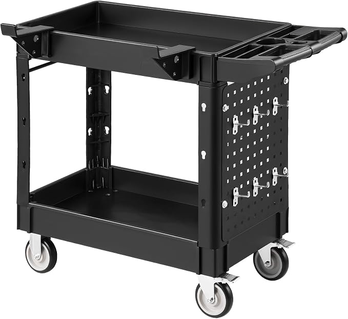 VEVOR Heavy Duty Utility Cart with Tray & Pegboard, 550 LBS 2 Tier Service Cart with 360° Swivel & Fixed Wheels (2 with Brakes), Plastic Rolling Cart, Tool Storage for Garage Warehouse Workshop