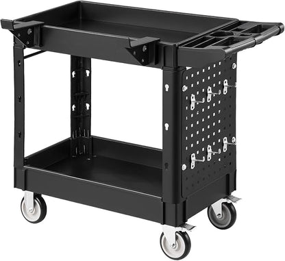 VEVOR Heavy Duty Utility Cart with Tray & Pegboard, 550 LBS 2 Tier Service Cart with 360° Swivel & Fixed Wheels (2 with Brakes), Plastic Rolling Cart, Tool Storage for Garage Warehouse Workshop