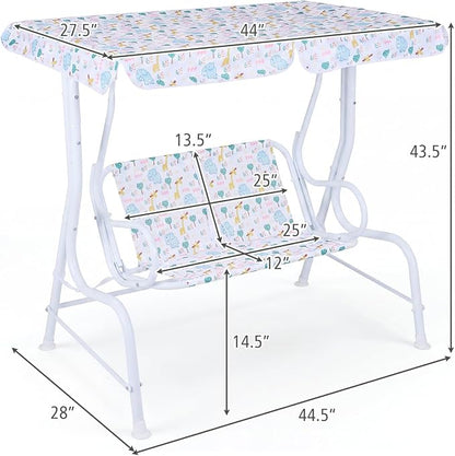 HONEY JOY Kids Patio Swing, 2-Seater Outdoor Porch Swing Lounge Chair, Adjustable Canopy & Safety Belt, All Weather Resistant Waterproof Hanging Swing Bench for Garden Poolside Balcony(White Elephant)