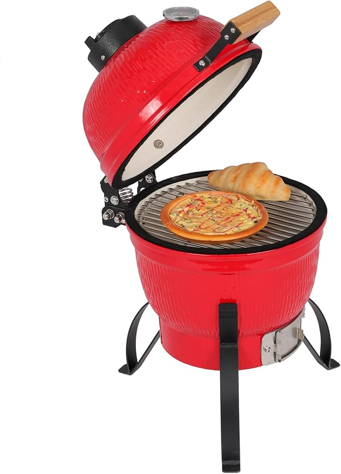 13" Portable Ceramic Charcoal Grill,Charcoal Grill and Smoker with Cast Iron Grates and Locking Lid,Grill Stand,Heat Deflectors and Ash Tool,Barbecue Grill for Outdoor Cooking and Camping (Orange)