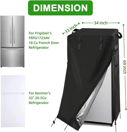 33W Large Refrigerator Cover with Air Vent for Most French Door Fridge | New Upgarde,33x34x69,Waterproof Dustproof Heavy Duty Oxford Fabric,for Universal Double Door Refrigerator Outside