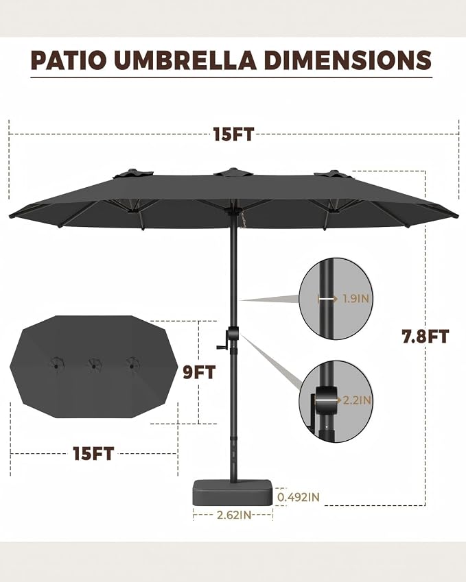 GDPFN 15FT Large Patio Umbrella with Base Included, Outdoor Deck Standing Umbrella with Crank Handle, Double-Side Rectangular Pool Umbrella for Outside, Market, Patio, Dark Gray