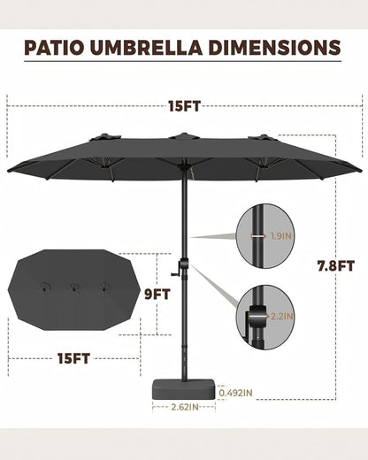 GDPFN 15FT Large Patio Umbrella with Base Included, Outdoor Deck Standing Umbrella with Crank Handle, Double-Side Rectangular Pool Umbrella for Outside, Market, Patio, Dark Gray