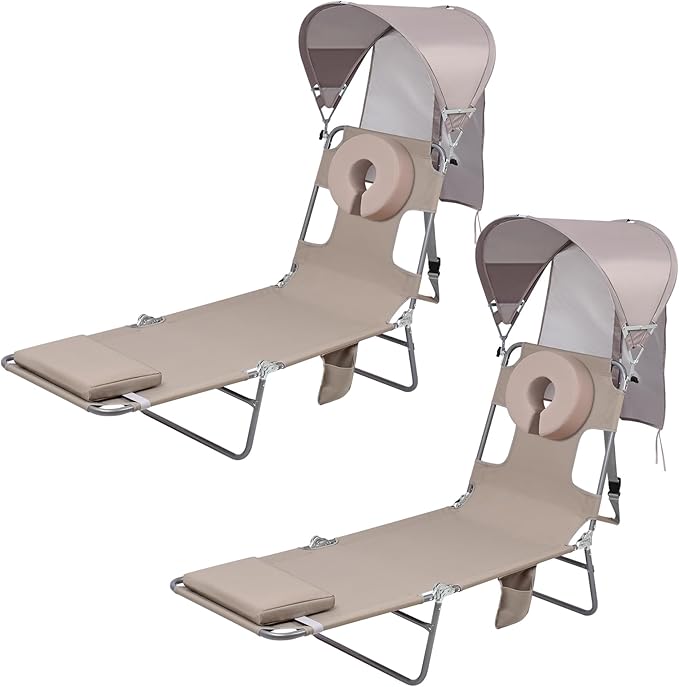 Backpack Beach Tanning Lounge Chair with Canopy Shade Face Hole Padded Adjustable Washable, 6 Position Layout Chair for Outside Sunbathing Poolside Lawn, UPF 50+ Wind-Resistant Sun Shade, 2Pack