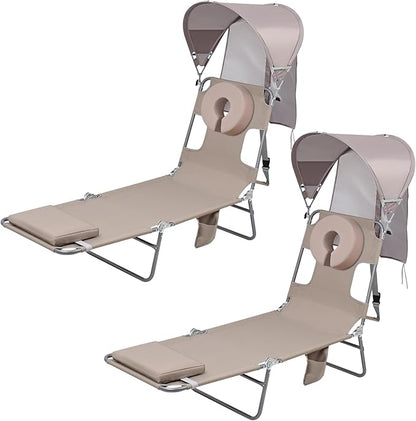 Backpack Beach Tanning Lounge Chair with Canopy Shade Face Hole Padded Adjustable Washable, 6 Position Layout Chair for Outside Sunbathing Poolside Lawn, UPF 50+ Wind-Resistant Sun Shade, 2Pack