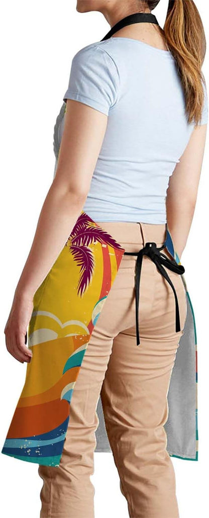 oFloral Hawaii Beach, Vintage palm tree sun Tropical Island Giant Wave Bib Apron with Adjustable Neck for Men Women,Suitable for Home Kitchen Cooking Waitress Chef Grill Bistro Baking BBQ Apron