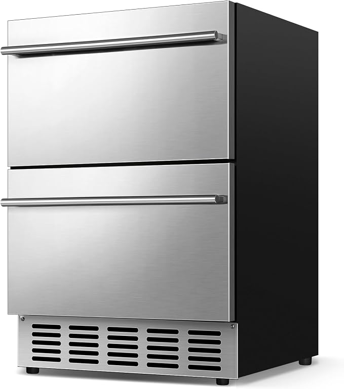24" Undercounter Beverage Cooler, Outdoor Stainless Steel Drawer Fridge | Temp control, Outdoor patio garage bar, Home kitchen commercial, Rustproof stainless steel, Energy efficient, Digital display