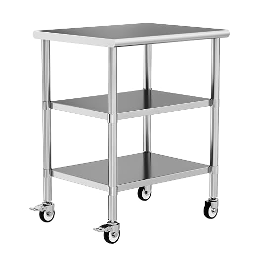 Stainless Steel Work Table with Wheels, 24x30 Inch NSF Kitchen Prep Table with 2 Adjustable Undershelves for Commercial Restaurant, Garage, Outdoor BBQ