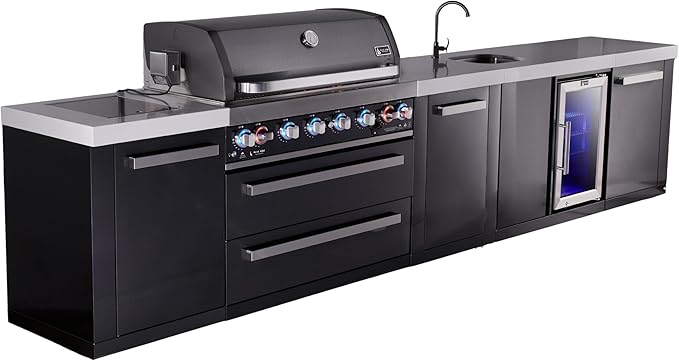 Mont Alpi Premium 157" Black Stainless Steel Outdoor Kitchen Island with Refrigerator + Beverage Center Faucet & Sink + 44"W 6-Burner BBQ Gas Grill + Granite Countertops + Storage Cabinets & Drawers