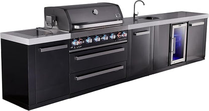 Mont Alpi Premium 157" Black Stainless Steel Outdoor Kitchen Island with Refrigerator + Beverage Center Faucet & Sink + 44"W 6-Burner BBQ Gas Grill + Granite Countertops + Storage Cabinets & Drawers
