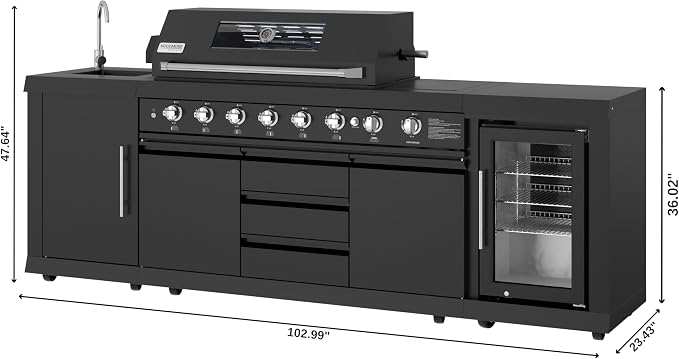 KoolMore Reserve Outdoor Kitchen Island with 6 Burner Grill and a Side Burner, Sink, Storage Cabinet, and Beverage Refrigerator, CSA Listed in Sleek Black