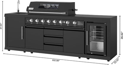 KoolMore Reserve Outdoor Kitchen Island with 6 Burner Grill and a Side Burner, Sink, Storage Cabinet, and Beverage Refrigerator, CSA Listed in Sleek Black
