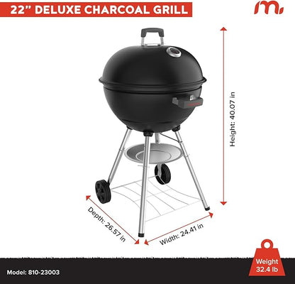 Megamaster 22" Deluxe Charcoal Barbecue Grill with Adjustable Air Vent, Built-In Temperature Gauge, 368 SQ. In Cooking Area, Storage Rack, Portable Grill for Camping, Picnics, and More - 810-23003