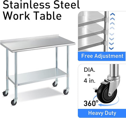 Stainless Steel Table for Prep & Work with Caster & Backsplash 24x36 Inches, NSF Metal Commercial Kitchen Heavy Duty Table with Adjustable Under Shelf and Table Foot for Restaurant, Home and Hotel