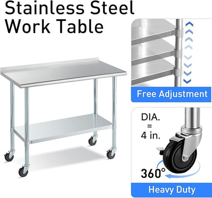 Stainless Steel Table for Prep & Work with Caster & Backsplash 30x60 Inches, NSF Metal Commercial Kitchen Heavy Duty Table with Adjustable Under Shelf and Table Foot for Restaurant, Home and Hotel