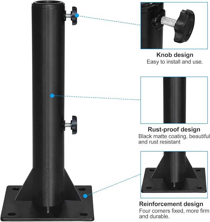 EliteShade USA Windproof Patio Umbrella Mount Stand, Heavy Duty Fixed Metal Umbrella Base for Concrete, Wood Deck, Boat Dock, Rust-Free Outdoor Parasol Holder for Backyard, Fits 1.5" to 1.9" Poles