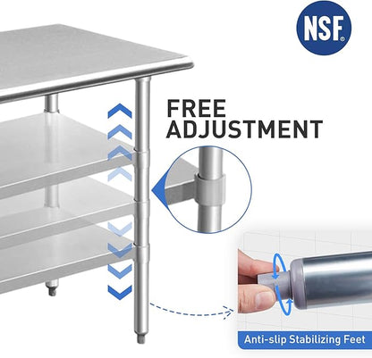 ROCKPOINT Stainless Steel Table for Prep & Work 24x24 Inches, NSF Metal Commercial Kitchen Table with Adjustable Under Shelf and Table Foot for Restaurant, Home and Hotel