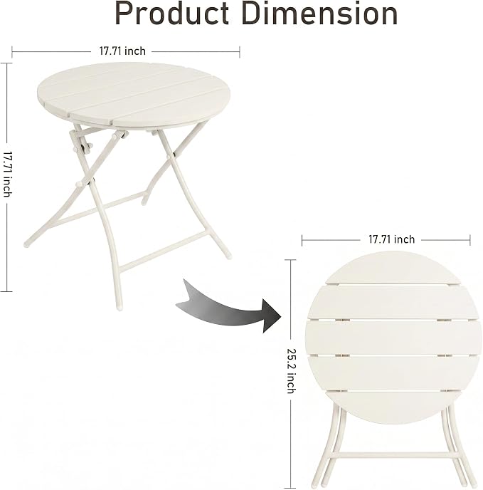 TeoKJ Folding Outdoor Side Tables, HDPS Small Patio Table | Metal Round Anti Rust Patio Desk, No Assembly Small Nightstand for Yard, Balcony, Lawn, Pool, Lightweight, White
