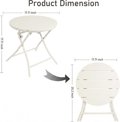 TeoKJ Folding Outdoor Side Tables, HDPS Small Patio Table | Metal Round Anti Rust Patio Desk, No Assembly Small Nightstand for Yard, Balcony, Lawn, Pool, Lightweight, White