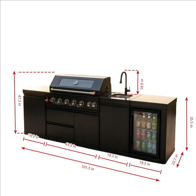 102" Outdoor Kitchen Island,Outdoor Grill,6-Burner 85000 BTU Propane Stainless Steel BBQ with Side/Rear Burners, With Refrigerator and Sink, Rotisserie, Granite Countertops, Storage