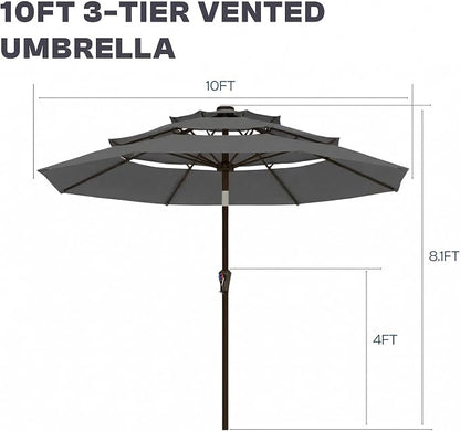 10ft 3 Tier Patio Umbrella, Outdoor Market Table Umbrella with UPF 50+ Vented Canopy, 8 Sturdy Ribs, Easy Push Button Tilt and Crank, Windproof for Deck, Pool, Backyard and Garden